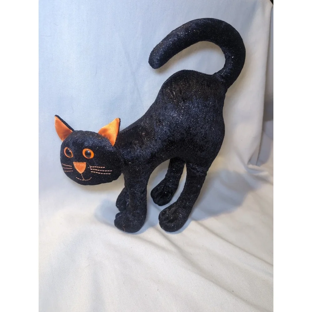 Vintage Arched Shimmery Black Cat Halloween Plush Doll Orange Eyes/Whiskers 12